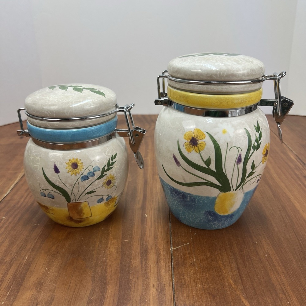 Oneida Sakura Casual Dining Floral Applique Ceramic Canister Jars Set of 2